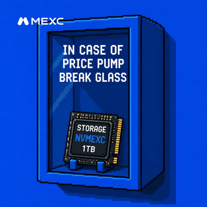 The image shows a pixel-art blue emergency-style cabinet with the text "IN CASE OF PRICE PUMP BREAK GLASS," behind which sits an SSD labeled "STORAGE NVMEXC 1TB" — a play on "NVMe" storage, with the MEXC logo in the corner. It ties to the post's "More storage, Bigger pumps, Infinite opportunities" message by symbolically linking expanded MEXC storage capacity to the potential for larger price pumps and trading opportunities.