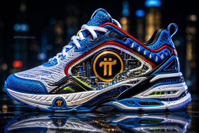 A futuristic blue, red, and black athletic sneaker featuring a circular logo with the Greek letter pi, set against a dark cityscape background, watermarked "@PiWeb3Army".
