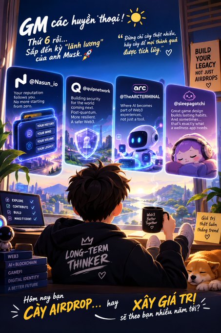 A colorful, anime-style illustration titled 'GM các huyền thoại!' featuring a person in a 'LONG-TERM THINKER' hoodie looking out a window at a futuristic city. The image highlights Web3 projects including @Nasun_io, @quipnetwork, @TheARCterminal, and @sleepegotchi, with text asking 'Hôm nay bạn CÂY AIRDROP... hay XÂY GIÁ TRỊ sẽ theo bạn nhiều năm tới?'
