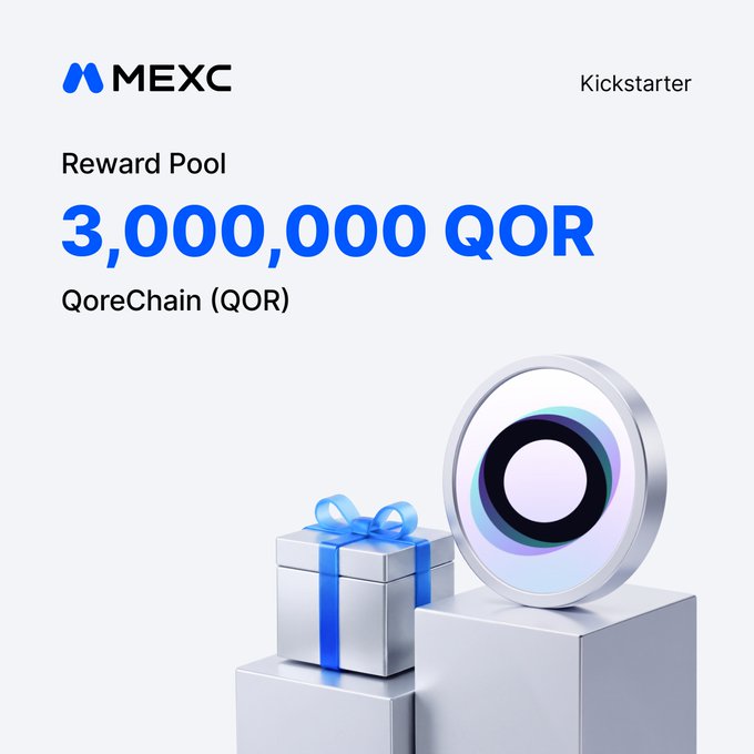 A promotional graphic from MEXC exchange for a 'Kickstarter' event featuring a Reward Pool of 3,000,000 QOR tokens for QoreChain (QOR).