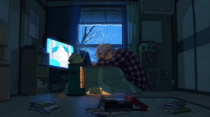 An illustrated scene of a person sleeping at a desk with a kotatsu in a dimly lit room, with a TV glowing blue and a cat underneath.