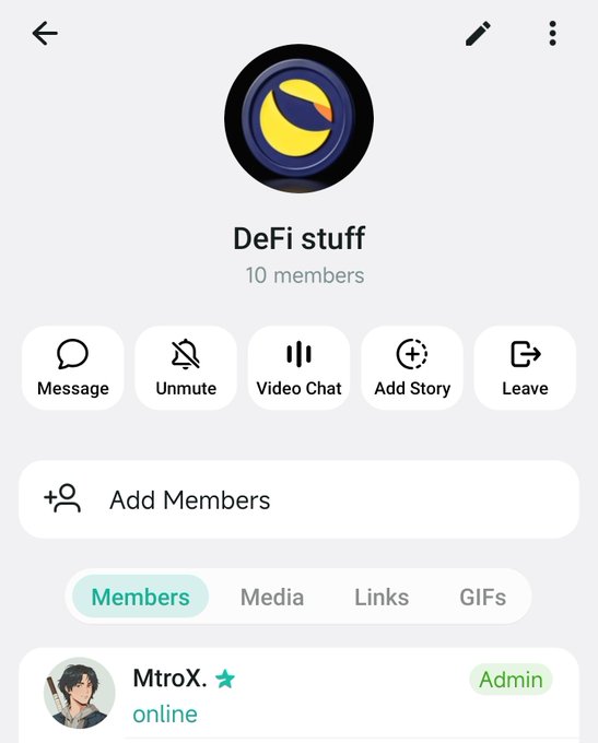 The image shows a Telegram group called "DeFi stuff" with 10 members, where "MtroX." is designated as the Admin. This directly relates to the post about acquiring the "DeFi alpha gp" and becoming admin.
