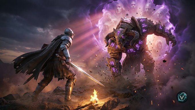 Fantasy artwork depicting a lone knight with a glowing sword facing a massive stone golem with glowing purple runes, with spectral faces emerging in a dark, smoky sky.