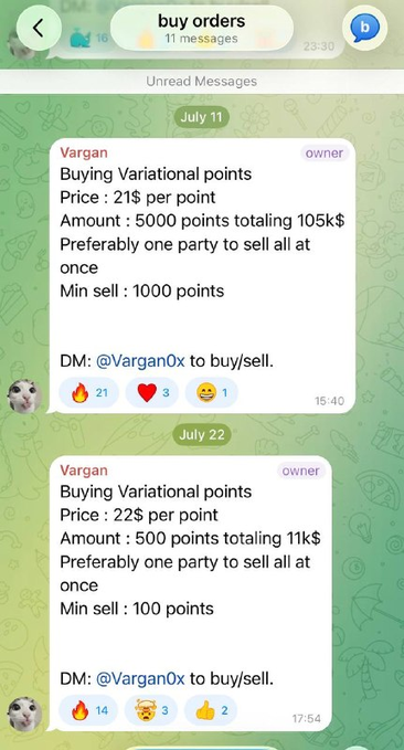 A Telegram chat titled 'buy orders' where user Vargan posts buy orders for Variational points, offering $21 per point for 5000 points ($105k) on July 11 and $22 per point for 500 points ($11k) on July 22.
