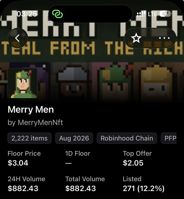 The image shows a screenshot of the "Merry Men" NFT collection by MerryMenNft on Robinhood Chain, featuring pixel art characters with stats including 2,222 items, a floor price of $3.04, and 24H volume of $882.43. This appears to be a free mint opportunity being promoted via the @nullnft_bot, likely highlighting the collection's low floor price and low volume as potential entry points.