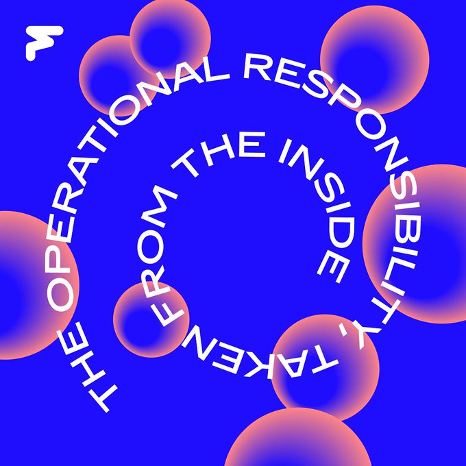 The image is a graphic with a vibrant blue background featuring floating pink/coral gradient spheres, overlaid with curved white text reading "THE OPERATIONAL RESPONSIBILITY FROM THE INSIDE" along with a small "M" logo in the top-left corner. It serves as a visual highlight reel/thumbnail pairing with the caption, visually representing Fusion's behind-the-scenes role within Kite AI's token launch by symbolizing the "inside" operational involvement mentioned in the post.