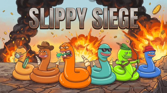 Promotional artwork for "SLIPPY SIEGE" featuring cartoon worm-like characters with various accessories including a cowboy hat, sunglasses, and a bow, set against a dramatic background of explosions and fire.