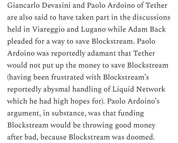 A text excerpt discussing Giancarlo Devasini and Paolo Ardoino of Tether, and their discussions regarding saving Blockstream and Liquid Network.