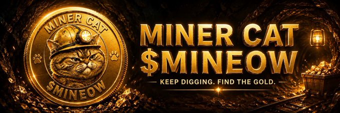 A gold coin featuring a tabby cat in a miner's helmet is displayed beside the bold text "MINER CAT $MINEOW" with the tagline "KEEP DIGGING. FIND THE GOLD.," set against a dark mining tunnel backdrop with scattered gold and a lantern—perfectly matching the post's theme of deepening the MINEOW underground journey.