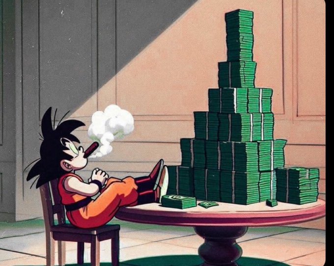 An anime character lounges casually at a table with feet propped up, smoking a cigarette while leaning against a towering pyramid of cash bundles—capturing the smug, indifferent energy of traders celebrating massive liquidations, satirizing the "$2.71B 24h Rekt" crypto market losses.