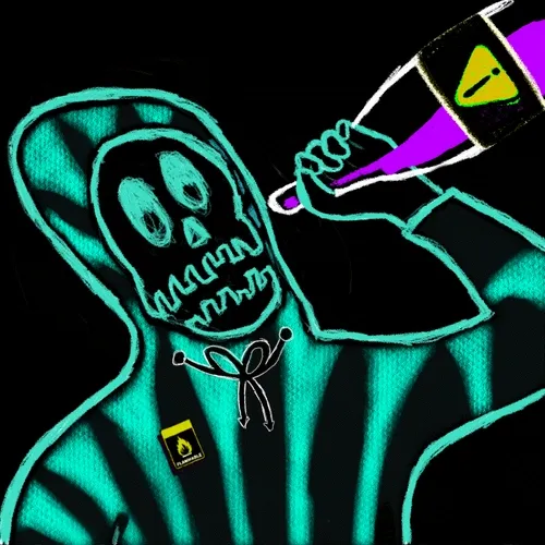 A neon cyan sketch-style illustration of a hooded grim reaper figure wearing a tie, holding up a megaphone with purple and black coloring and a yellow warning symbol.