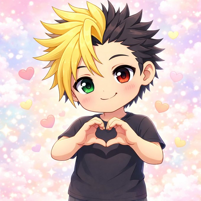 An anime-style illustration of a boy featuring half blonde and half black hair with heterochromia (one green, one red eye), making a heart shape with his hands against a sparkly pastel background with floating hearts.