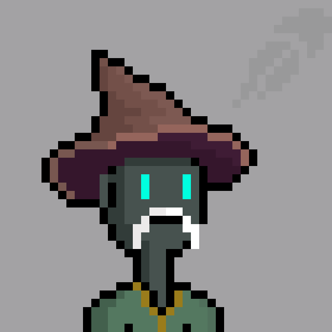 A pixel art character featuring a dark grey face with glowing cyan eyes, a white skeletal mouth, and a large pointed brown hat, set against a plain grey background.