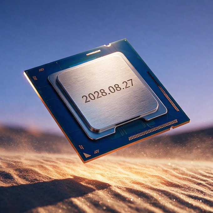 A computer chip floats above rippling golden sand dunes against a twilight sky, etched with the date "2028.08.27." The chip symbolizes Marvell's ($MRVL) silicon technology that converts data into light, tying into the post's announcement about MRVL's upcoming listing on Solana via Backpack Securities.