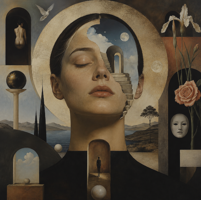 The artwork shows a woman's face split open to reveal a staircase and moonlit sky, surrounded by symbols such as a dove, roses, and a mask, embodying the idea that we are composed of remembered fragments. It visually echoes the caption “GN! We are all the pieces of what we remember…”.