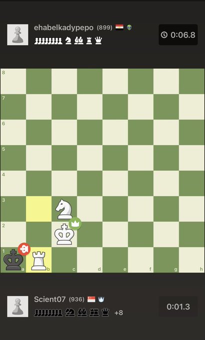 A chess game on a digital board shows player "ehabelkadypepo" (rating 899, playing Black) with 6.8 seconds remaining against "Scient07" (rating 936, playing White) with just 1.3 seconds left, with the board displaying a king, knight, rook, and bishop in the endgame. The image illustrates the post's caption about a narrow win, as White's king on b1 is under threat by Black's king on a1 with only seconds left on the clock.
