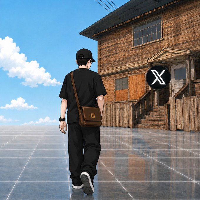 The image shows an individual walking away from a rural cottage towards open skies. The accompanying text message "good morning frens let's get to work" suggests a call to productivity, perhaps indicating that the individual is beginning their workday. The lack of identifiable personalized items leaves the person's identity anonymous, emphasizing a universal morning sentiment rather than a personal moment.