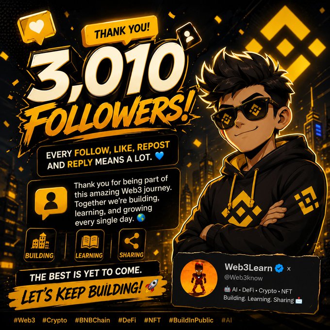 A celebratory graphic thanks followers for reaching 3,010 followers on the Web3Learn account, featuring an illustrated character with sunglasses and Web3 branding.