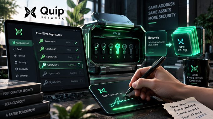 A promotional graphic for 'Quip Network' showcases its security features, with a hand signing on a digital pad, books labeled 'POST-QUANTUM SECURITY' and 'SELF-CUSTODY', and text emphasizing 'SAME ADDRESS SAME ASSETS MORE SECURITY'.