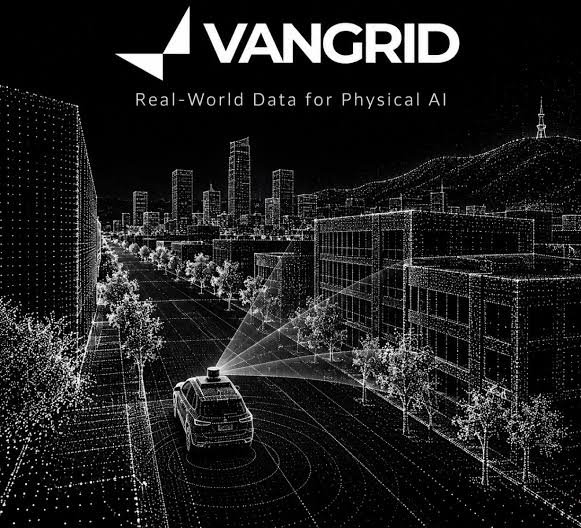 A black-and-white promotional graphic for 'VANGRID' with the tagline 'Real-World Data for Physical AI' depicts an autonomous vehicle scanning a city environment with lidar-like sensor waves.