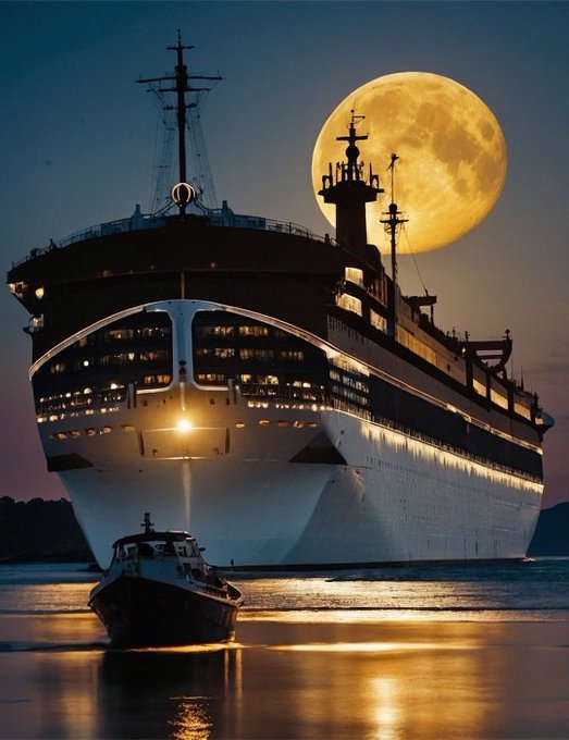 A dramatic, stylized image of a large illuminated cruise ship sailing on calm waters at night with a full moon in the background, while a small boat is silhouetted in the foreground.