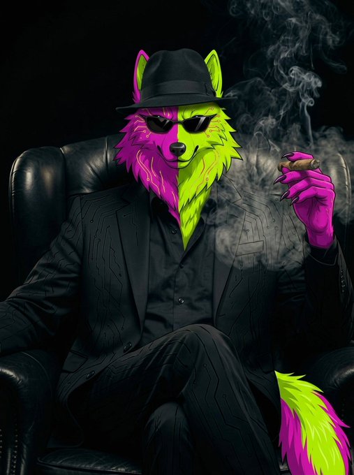 A cool, suited wolf character with neon pink and green fur lounges in a black leather chair, holding a smoking cigar. The bold colors of the fur and tail echo the vibrant aesthetic of the $PACK brand referenced in the post.