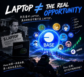 A promotional meme graphic titled 'LAPTOP ≠ THE REAL OPPORTUNITY' featuring text in Chinese and English, comparing the Base ecosystem (with DEX, Meme, DeFi, Ecosystem categories) to a meme character launching on Base, with Pepe, Wojak, Brett, AERO tokens shown.