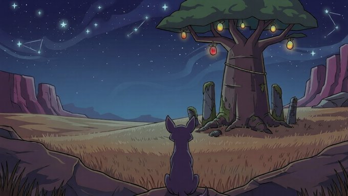 The image portrays a cartoon scene featuring a cat sitting under an apple tree with lots of apples, surrounded by many rocks and mountains. The sky above them has stars that are part of the night's scene. The post discussing World building seems unrelated or out of place in this specific setting. However, it is clear that the content creator put effort into creating a unique and visually appealing image, using various elements like the cat sitting under the tree with apples, mountains, rocks, and stars to create an engaging and imaginative world.