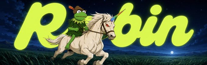The image features Kermit the Frog riding a white unicorn against a starry night sky, with the glowing green word "Robin" prominently displayed behind them, visually representing the "$ROBIN" meme token and its whimsical community-driven identity tied to Robinhood Chain.