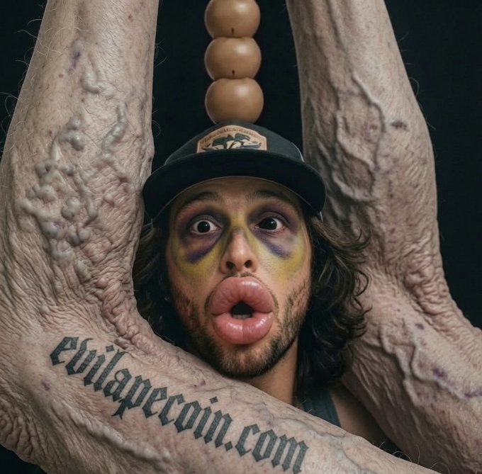 A surreal portrait of a person with heavy yellow and purple eye makeup and puckered lips, wearing a cap with stacked spherical objects on top, framed by textured legs displaying a 'Evilapecoin.com' tattoo.