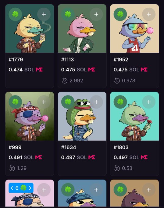 A grid of cartoon duck NFTs displayed for sale with prices ranging from 0.474 SOL to 0.497 SOL, each showing a different duck character with various outfits and accessories.