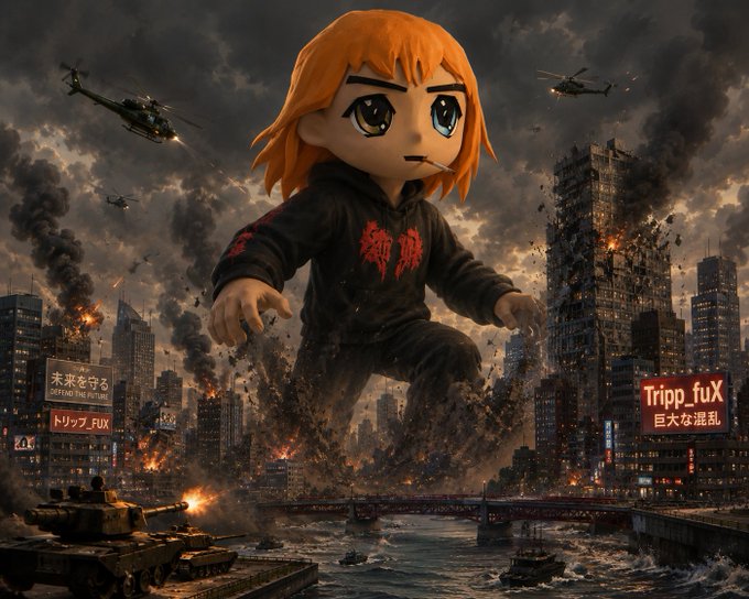 A chibi-style anime character with orange hair in a black hoodie towers over a destroyed cityscape with helicopters, tanks, and fires, with signs reading '未来を守る' and 'Tripp_fuX 巨大な混乱'.
