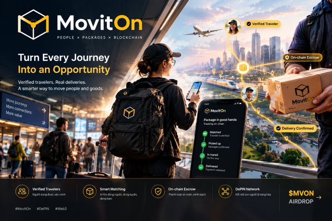 A promotional graphic for 'MovitOn — PEOPLE × PACKAGES × BLOCKCHAIN' with the tagline 'Turn Every Journey Into an Opportunity,' showing verified travelers, smart matching, on-chain escrow, and a DePIN network, along with a 'Package in good hands' tracker and '$MVON AIRDROP' details.