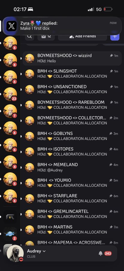 The screenshot shows a Discord chat from user "BOYMEETSHOOD" with messages directed to h0ld, including greetings and "🤝 COLLABORATION ALLOCATION" sent to multiple users like wizzrd, SLINGSHOT, UNSANCTIONED, RAREBLOOM, and COLLECTOR, while a Zyra reply at the top reads "Make I first dox."

The accompanying post humorously mocks h0ld for being busy spamming collaboration messages to others instead of checking the DMs of the person requesting them.