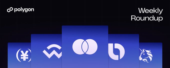 The image features a poster for a round-up of cryptocurrency news from Polygon. The poster has a black background with white text that reads "Weekly Roundup" at the top. Below this, there are five different logos representing various cryptocurrencies such as Bitcoin, Dogecoin, Ripple, and Ethereum. These logos are arranged in a horizontal row on the poster, creating an organized layout for easy comparison of each cryptocurrency's features or benefits. The image also includes text that provides information about these cryptocurrencies, likely discussing their unique characteristics, uses, and potential impacts on the financial world.