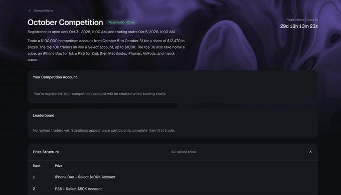 A dark-themed website page titled "October Competition" displays registration details for a $100,000 prize pool trading event with prizes like "iPhone Duo" and "PS5," showing a countdown of "29d 18h 13m 23s" until registration closes.