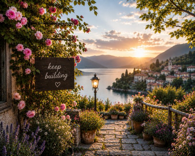 A scenic view of a Mediterranean-style coastal town at sunset, framed by pink climbing roses and a wooden sign reading 'keep building' with a small heart.
