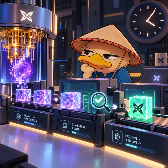 A digital illustration features a cartoon duck wearing a conical hat observing a high-tech production line with glowing cubes labeled "QUANTUM EXECUTION," "CLASSICAL AUDIT," and "PROCESSING & DELIVERY."