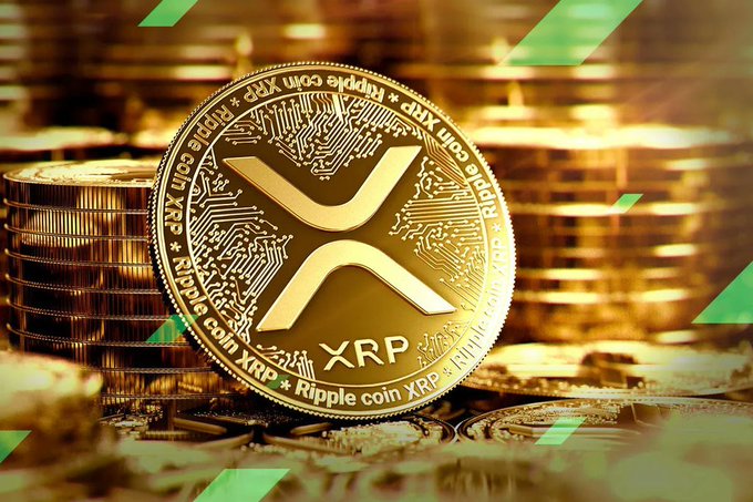 A close-up image shows a gold XRP (Ripple) cryptocurrency coin with its 'X' logo, surrounded by stacks of other gold coins.