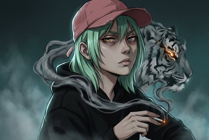 A green-haired anime character wearing a red cap smokes a cigarette with a glowing-eyed tiger looming behind them, evoking a rebellious, untamed market energy. The image visually amplifies the post's call for bold traders to share their undervalued Robinhood picks, symbolizing the fierce, risky nature of hunting for hidden gems in the market.