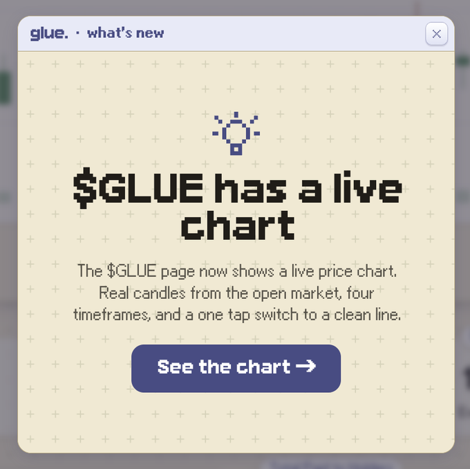 A pop-up notification from 'glue.' announcing a new feature: '$GLUE has a live chart', showing real candles from the open market with four timeframes and a 'See the chart' button.