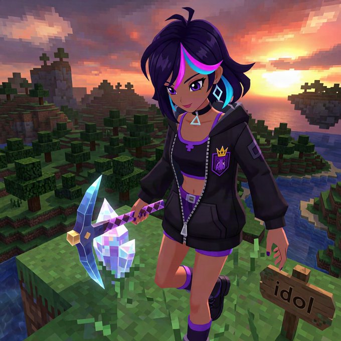 A digital illustration of a dark-haired anime girl with pink and blue highlights holding a diamond pickaxe, standing on a grass block next to a wooden "idol" sign with a Minecraft-style landscape at sunset.