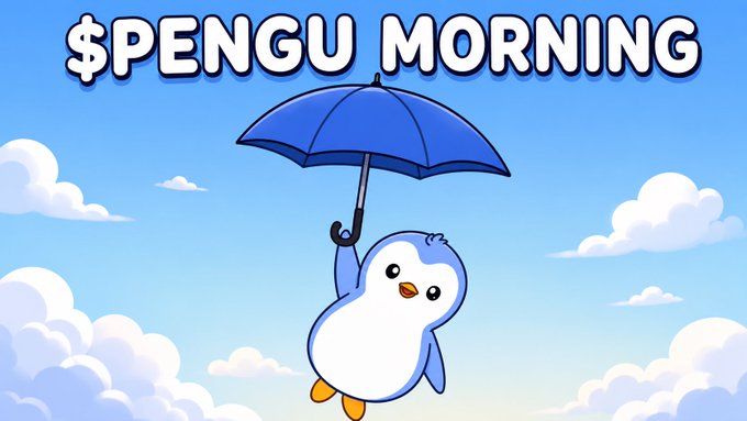 A cartoon image of a penguin holding a blue umbrella with the text "$PENGU MORNING" at the top.