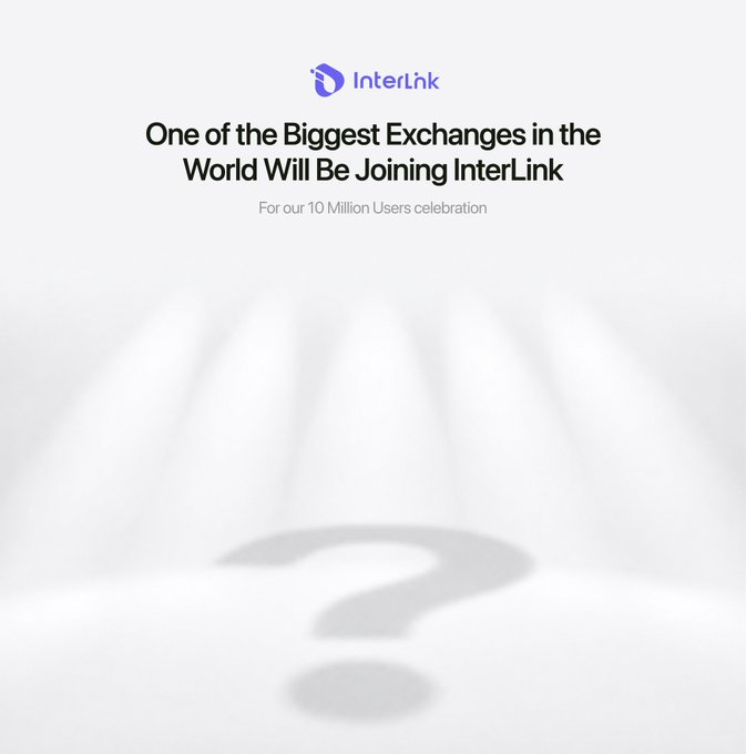 An InterLink promotional graphic with the text 'One of the Biggest Exchanges in the World Will Be Joining InterLink' and 'For our 10 Million Users celebration', featuring a large question mark shadow below.