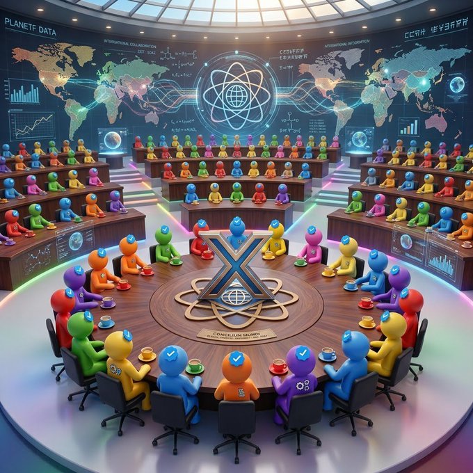 A colorful 3D rendering of a global summit or council features diverse humanoid figures seated at round tables around a central 'X' logo, with world maps and data charts on the walls.