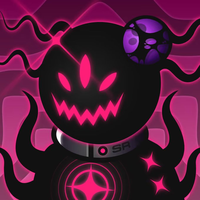 A dark, ominous figure with a glowing pink jagged mouth and eyes is set against a magenta background, wearing a collar marked 'OSR' and featuring a crosshair symbol on its chest.