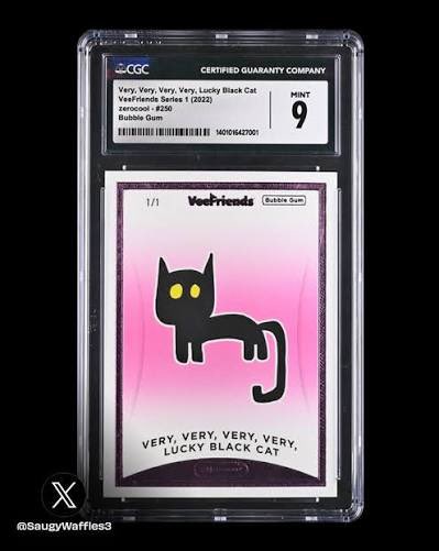 A CGC-graded (Mint 9) trading card titled 'VERY, VERY, VERY, VERY, LUCKY BLACK CAT' from the VeeFriends Series 1 (2022) Bubble Gum collection, displayed in a protective slab.