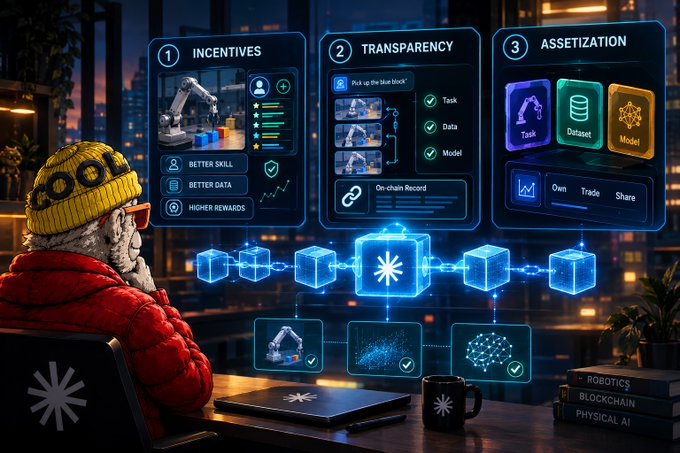 Sci-fi illustration of a person at a desk viewing holographic panels labeled 'INCENTIVES', 'TRANSPARENCY', and 'ASSETIZATION' related to robotics, blockchain, and physical AI.
