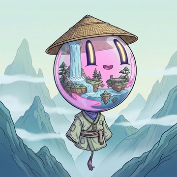 A digital illustration of a cute character with a transparent bubble head containing a miniature landscape of mountains, a waterfall, and boats, wearing a conical straw hat and a green robe against a backdrop of misty mountains.