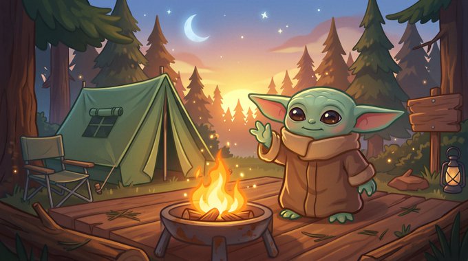 A green-skinned, pointy-eared character resembling Yoda waves from a campsite at twilight, surrounded by a tent, campfire, and serene forest under a crescent moon and starry sky. The peaceful, present-moment scene echoes the post's reflection on mindfulness, with the character inviting viewers to embrace the "now" while exploring $gram.